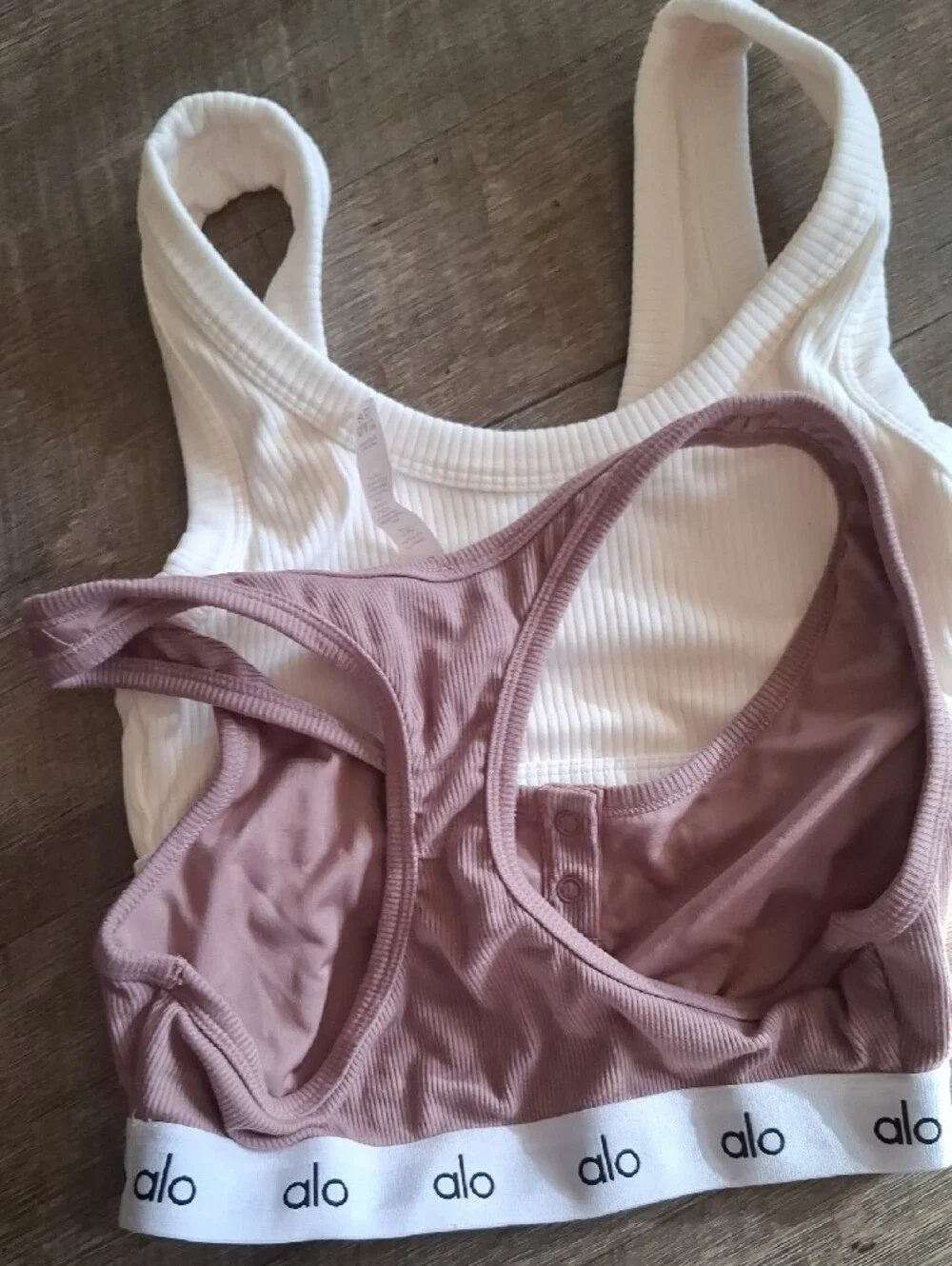 ALO Yoga Ribbed Racerback Sports Bras — Mauve & Cream Duo